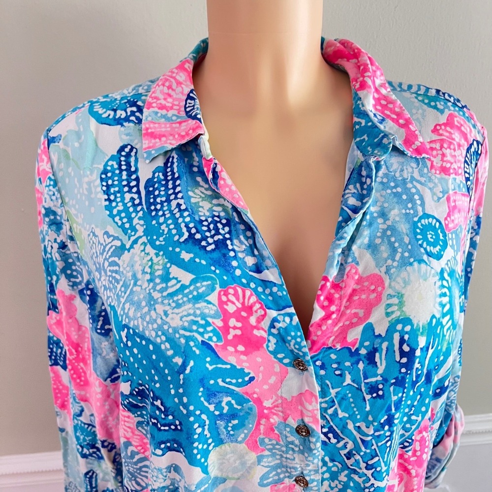 Lilly Pulitzer Dress Medium Blue Pink Coral Button Down Tunic Coastal Old Money - Picture 4 of 14